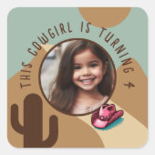 Aangepaste Fotonaam Any Age Cowgirl Thema Verjaard Vierkante Sticker (Voorkant)