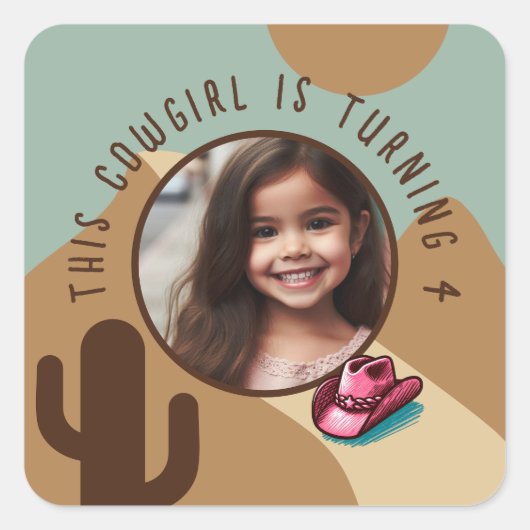 Aangepaste Fotonaam Any Age Cowgirl Thema Verjaard Vierkante Sticker (Voorkant)