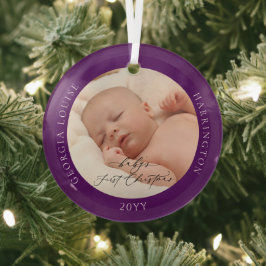 Aangepaste fotonaam Baby's eerste Paarse kerst Glas Ornament