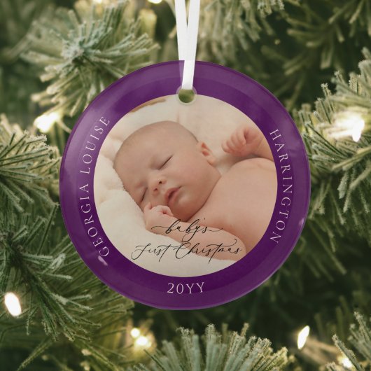 Aangepaste fotonaam Baby's eerste Paarse kerst Glas Ornament (Insitu)