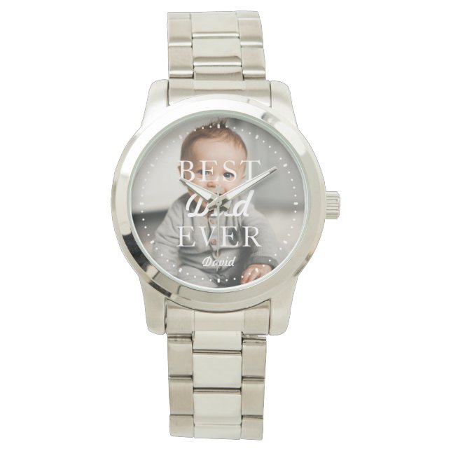 Aangepaste fotonaam Beste pap ooit zilver Horloge (Voorkant)