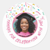 Aangepaste Fotonaam Confetti Afstuderen Dank u Ronde Sticker (Voorkant)