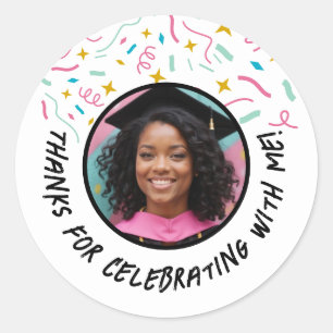 Aangepaste Fotonaam Confetti Afstuderen Dank u Ronde Sticker
