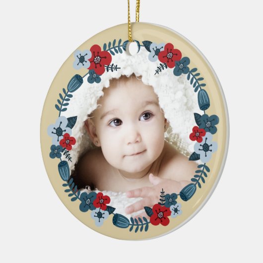 Aangepaste Fotonaam Datum Scandinavische Bloemenkr Keramisch Ornament (Links)