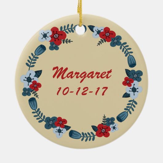 Aangepaste Fotonaam Datum Scandinavische Bloemenkr Keramisch Ornament (Achterkant)