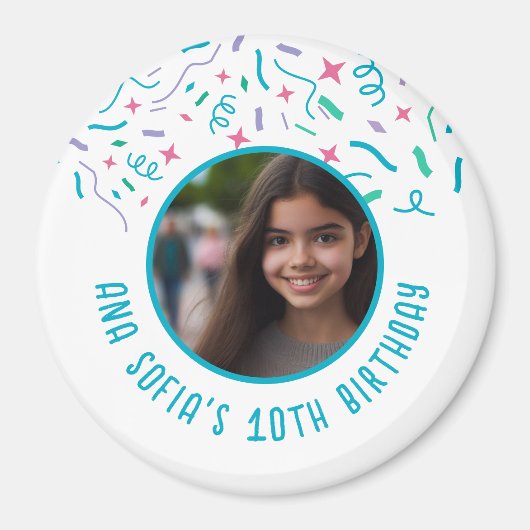 Aangepaste Fotonaam Elke Leeftijd Confetti Verjaar Magneet (Voorkant)