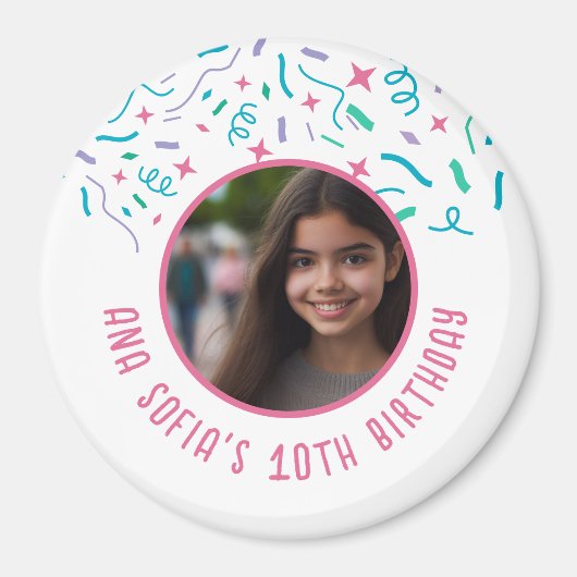 Aangepaste Fotonaam Elke Leeftijd Confetti Verjaar Magneet (Voorkant)