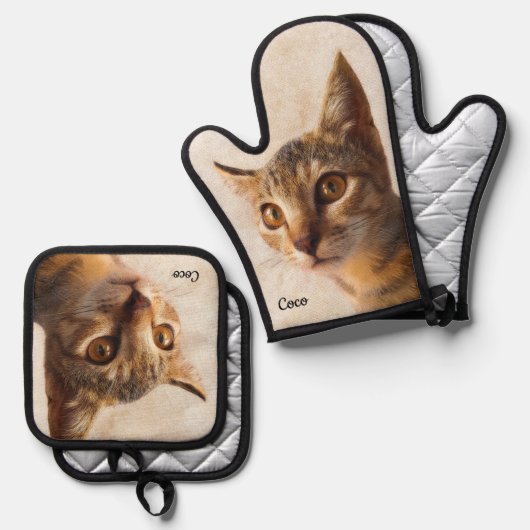 Aangepaste fotonaam gepersonaliseerde kattenhond S Ovenwant & Pannenlap Set (Voorkant / Achterkant)