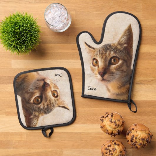 Aangepaste fotonaam gepersonaliseerde kattenhond S Ovenwant & Pannenlap Set (Top down)