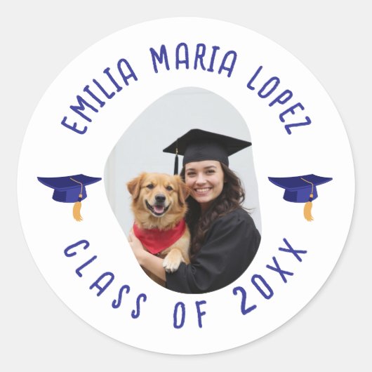 Aangepaste fotonaam Graduation Cap Keepsake Ronde Sticker (Voorkant)