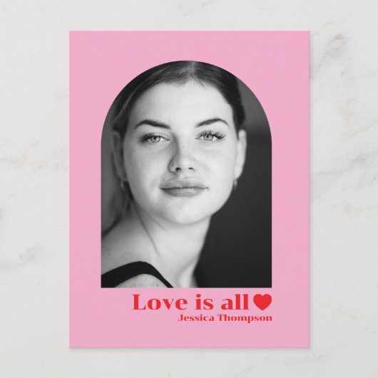 Aangepaste fotonaam liefde minimalistisch roze roo briefkaart (Voorkant)