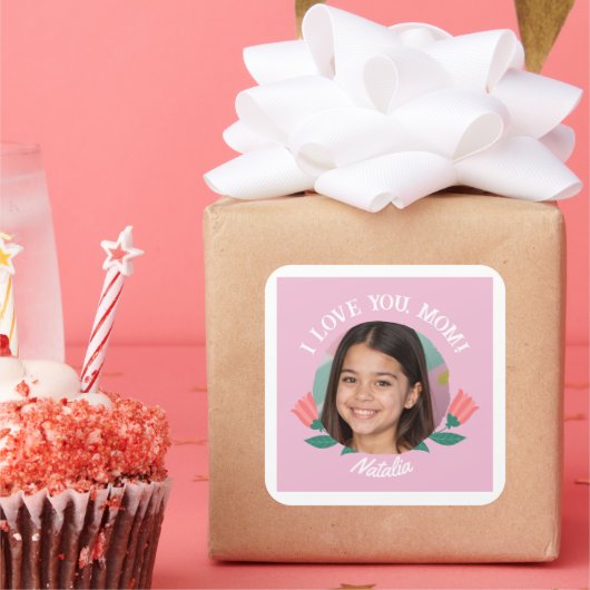 Aangepaste Fotonaam Moederdag I Love You Gift Vierkante Sticker (Feest)