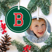 Aangepaste Fotonaam Monogram Groen Rood Retro Metalen Ornament