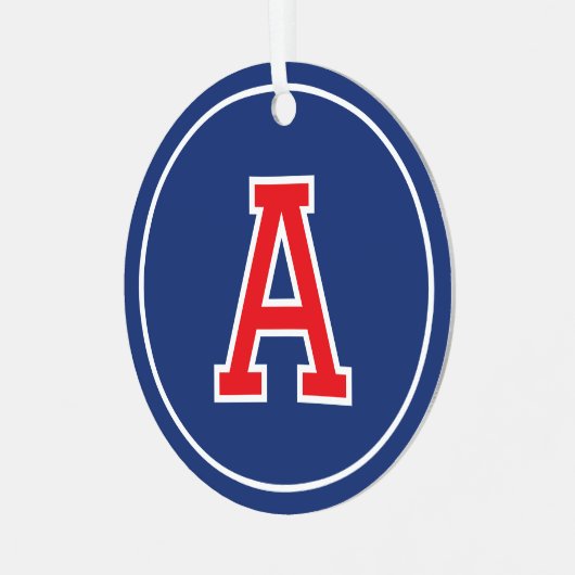 Aangepaste Fotonaam Monogram Marine Blauw Rood Ret Metalen Ornament (Voorkant links)