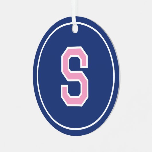 Aangepaste Fotonaam Monogram Marine Blauw Roze Ret Metalen Ornament (Voorkant links)