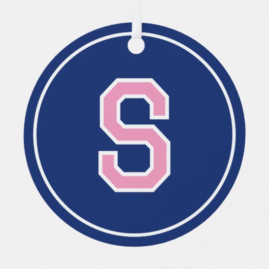 Aangepaste Fotonaam Monogram Marine Blauw Roze Ret Metalen Ornament (Voorkant)