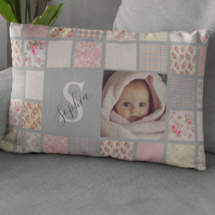 Aangepaste fotonaam Monogram Pink Patchwork Accent Kussen