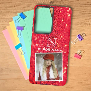 Aangepaste fotonaam Monogram rood glitter Samsung Galaxy Hoesje