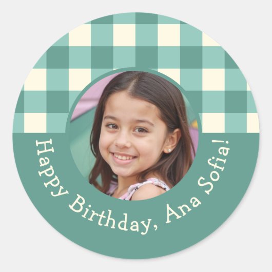 Aangepaste Fotonaam Plaid Gingham Verjaardagsfeest Ronde Sticker (Voorkant)