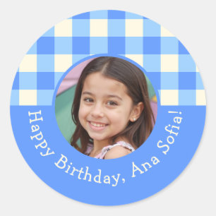 Aangepaste Fotonaam Plaid Gingham Verjaardagsfeest Ronde Sticker