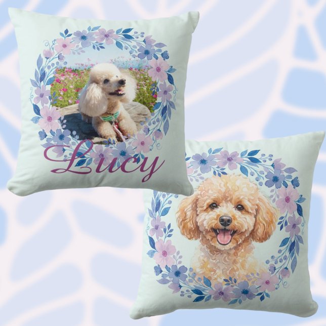 Aangepaste fotonaam Poodle Bloemenkrans Pastel Kussen (Creator heeft geüpload)