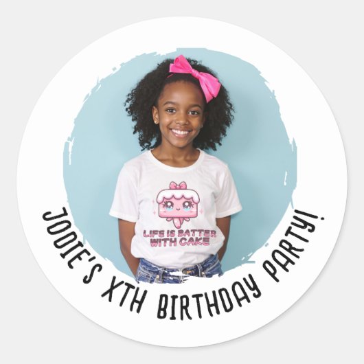 Aangepaste Fotonaam Verjaardagsfeest Elke Leeftijd Ronde Sticker (Voorkant)