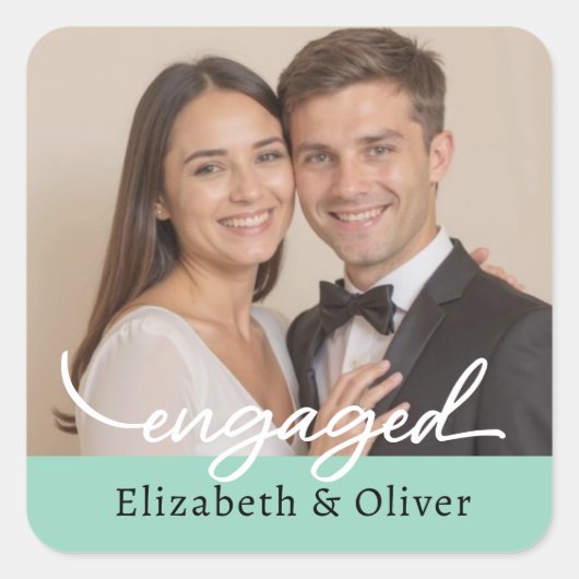 Aangepaste fotonaam Verloving Modern Script Vierkante Sticker (Voorkant)