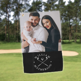 Aangepaste fotonaamclubs en bal zwart en wit golfhanddoek
