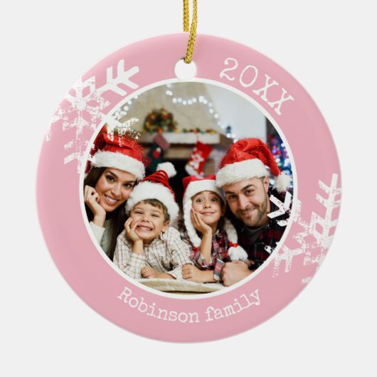 Aangepaste fotoroze snowflake keramisch ornament (Voorkant)