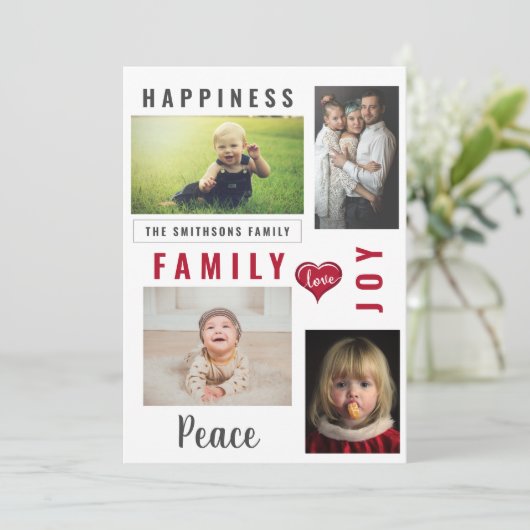 Aangepaste foto's Collage en Love Joy Peace Family Feestdagenkaart (Staand voorkant)