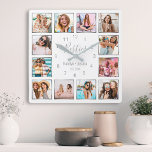 Aangepaste foto's collage White Silver Best Friend Vierkante Klok<br><div class="desc">Maak van deze trendy elegante witte en zilverkleurige wandklok met foto's uniek met twaalf van uw favoriete foto's met uw beste vriend(in). Het ontwerp kenmerkt ook modern handgeschreven manuscript "Besties",  uw namen en de datum u ontmoette.</div>