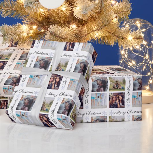 Aangepaste foto's en familienaam Vrolijk kerstfees Cadeaupapier (Feestdagen)