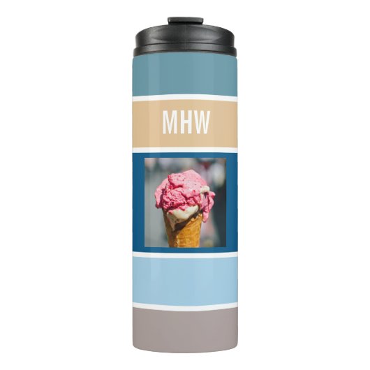 Aangepaste foto's en monogram van Nautical Stripes Thermosbeker (Voorkant)