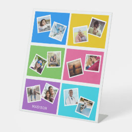 Aangepaste foto's en naam kleurrijk reclamebord met voetstuk