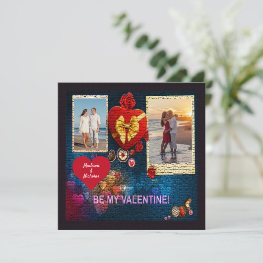 Aangepaste foto's en naamhart Mijn Valentijn mozaï Feestdagenkaart (Staand voorkant)