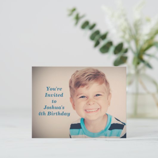 Aangepaste foto's Kinderen van Birthday Party Blue Uitnodiging Briefkaart (Staand voorkant)