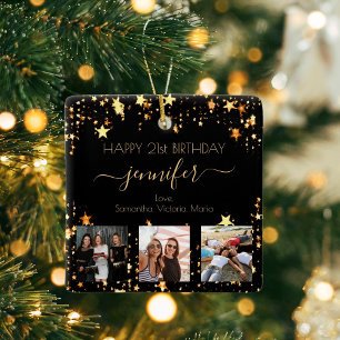 Aangepaste foto's vrienden verjaardag zwarte goude keramisch ornament