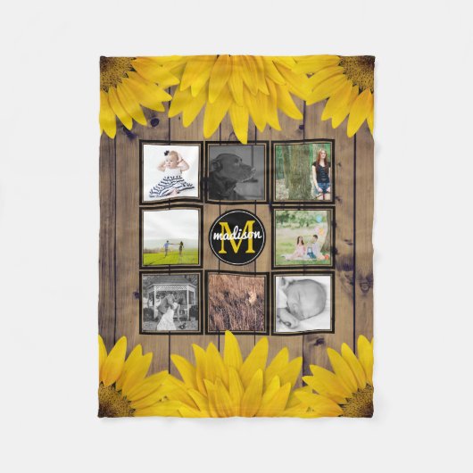 Aangepaste fotoserie Collage Rustic Sunflower Wood Fleece Deken (Voorkant)