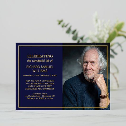 Aangepaste fotoserie met Navy & Gold Foil Folie Uitnodiging (Staand Voorkant)