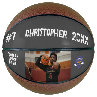Aangepaste fotospeler naam team logo grijs basketbal