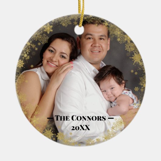 Aangepaste fototekst Gouden Sneeuwvlok Frame Keramisch Ornament (Voorkant)