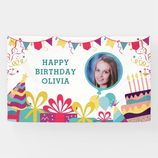Aangepaste Fototekst Kleurrijk Verjaardagsfeest Spandoek (Horizontaal)