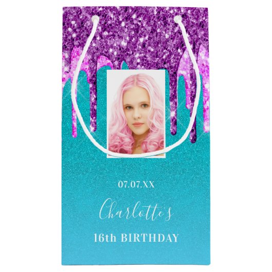 Aangepaste fotoverjaardag blauwgroen paarse glitte klein cadeauzakje (Achterkant)