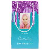 Aangepaste fotoverjaardag blauwgroen paarse glitte klein cadeauzakje (Voorkant)