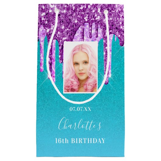 Aangepaste fotoverjaardag blauwgroen paarse glitte klein cadeauzakje (Voorkant)