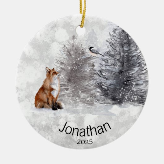 Aangepaste fox Bird Winter Cabin Keramisch Ornament (Voorkant)