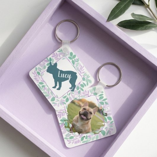Aangepaste Franse Bulldog Naam & Foto Pastel Krans Sleutelhanger