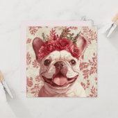 Aangepaste Franse Bulldog Rode Bloemengroet Kaart (Voorkant / Achterkant in situ)