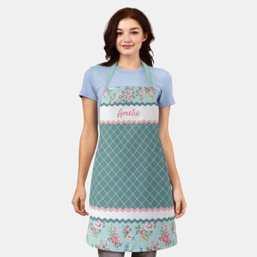 Aangepaste Franse pastel turquoise blauwe blos roz Schort (Gedragen)