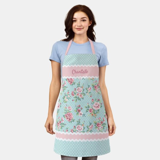 Aangepaste Franse pastel turquoise roze rozen Schort (Gedragen)